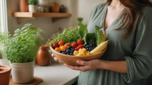 Mãos segurando tigela de madeira com frutas e vegetais coloridos, representando alimentação saudável durante a amamentação