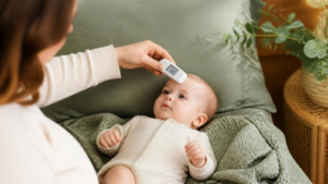 Mãe medindo com cuidado a temperatura do bebê com termômetro digital em ambiente acolhedor