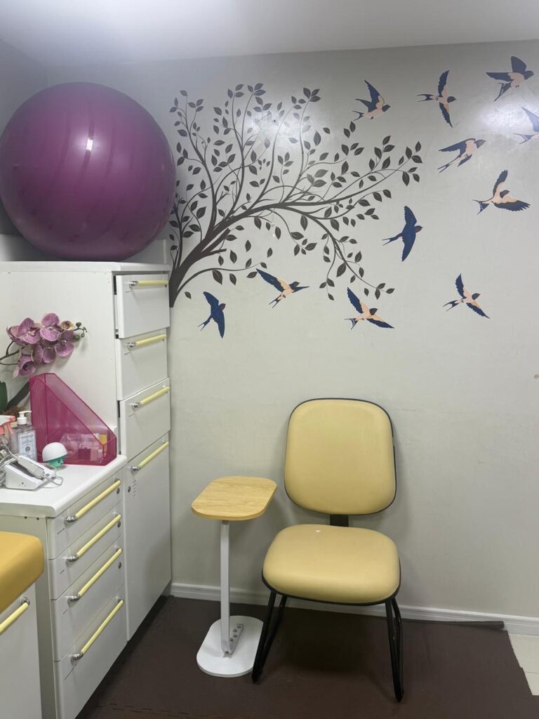 Consultório pediátrico da Clínica Mamma Gaia com mural de árvore e andorinhas, bola suíça e maca infantil