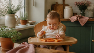 Bebê em cadeira alta explorando pedaços de alimentos na introdução alimentar, método BLW