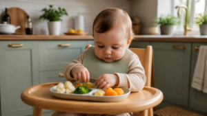 Bebê em cadeira alta explorando pedaços de legumes coloridos durante a introdução alimentar