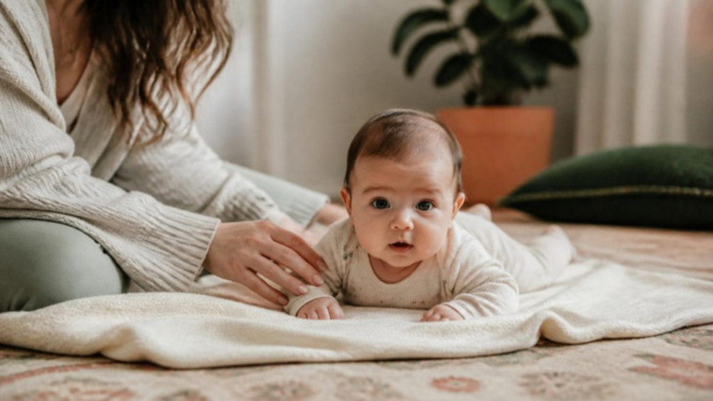 Bebê de bruços durante o tummy time, sendo acompanhado com carinho pela mãe em ambiente aconchegante