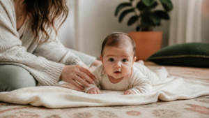 Bebê de bruços durante o tummy time, sendo acompanhado com carinho pela mãe em ambiente aconchegante